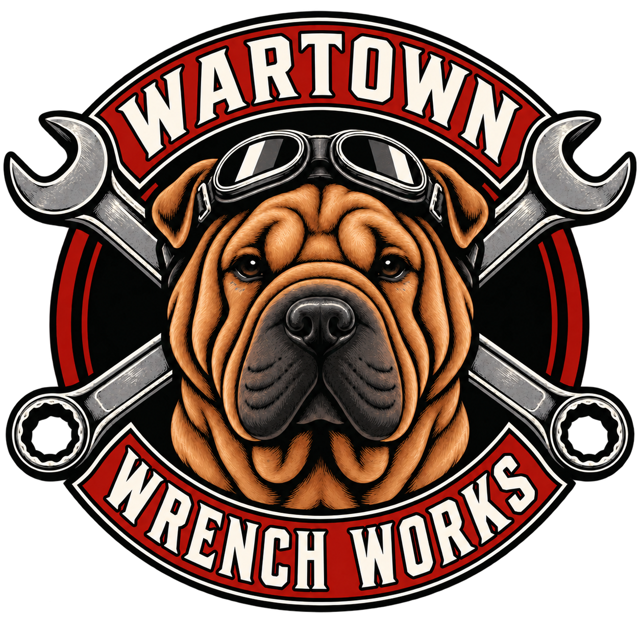 Wartown Wrench Works Shar-Pei and crossed wrenches logo